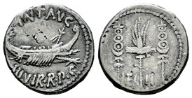 Mark Antony. Denarius. 32-31 BC. Mint moving. (Ffc-32). (Craw-544). (Cal-179). Anv.: ANT. AVG. III. VIR. R.P.C. praetorian galley right. Rev.: LEG. ll...