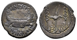 Mark Antony. Denarius. 32-31 BC. Mint moving. (Ffc-58). (Craw-544/35). (Cal-206). Anv.: ANT. AVG. III. VIR. R.P.C. praetorian galley right. Rev.: LEG....