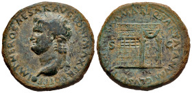 Nero. Sestertius. 67 AD. Lugdunum. (Ric-I 584). Anv.: IMP NERO CAESAR AVG P MAX TR P P P, laureate bust to left, small globe at point. Rev.: PACE P R ...