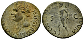 Vitellius. Unit. 69 AD. Tarraco. (Ric-40). (Bmcre-99/102). Anv.: A VITEL(LIVS) IMP GERMAN, laureate head left. Rev.: CONSENSVS (EXER)CITVVM, Mars, hel...