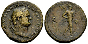 Titus. Sestertius. 72 AD. Rome. (Ric-427 (Vespasian)). Anv.: (T CAES VE)SPASIAN IMP PON TR POT COS II. Rev.: Mars walking to right, carrying spear and...