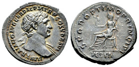 Trajan. Denarius. 111 AD. Rome. (Ric-239). (Seaby-645a). Rev.: S P Q R OPTIMO PRINCIPI. Vesta veiled seated left, holding palladium and sceptre; VESTA...