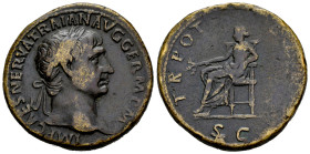 Trajan. Sestertius. 101-102 AD. Rome. (Ric-432). (Woytek-107a). (Banti-336). Anv.: IMP CAES NERVA TRAIAN AVG GERM P M, laureate head to right. Rev.: T...