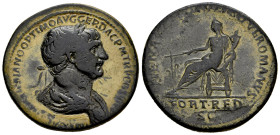 Trajan. Sestertius. 114-117 AD. Rome. (Ric-651). Rev.: SENATVS POPVLVSQVE ROMANVS, Fortuna seated left, holding rudder and cornucopiae; FORT RED S•C i...