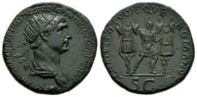 Trajan. Dupondius. 116 AD. Rome. (Spink-3219). (Ric-676). Rev.: SENATVS POPVLVSQVE ROMANVS / SC. Trajan standing facing between two trophies. Ae. 12,2...