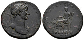 Hadrian. Sestertius. 118 AD. Rome. (Spink-3598 var). (Ric-551a). (Ch-756). Rev.: PONT MAX TR POT COS II / S - C / FORT RED, Fortune seated left with r...