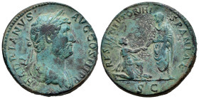 Hadrian. Sestertius. 134-138 AD. Rome. (Ric-954). (Banti-661). Anv.: HADRIANVS AVG COS III P P, laureate and draped bust right. Rev.: RESTITVTORI HISP...