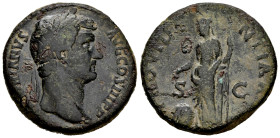 Hadrian. Sestertius. 137-138 AD. Rome. (Ric-2384). Rev.: PROVIDENTIA A(VG). Providentia standing to left, leaning upon column, holding sceptre and poi...