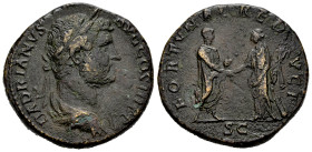 Hadrian. Sestertius. 134-138 AD. Rome. (Spink-3601 var). (Ric-40). Rev.: FORTVNAE REDVCI. Hadrian, standing right and holding roll, clasping hand with...