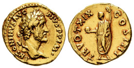 Antoninus Pius. Aureus. 155-156 AD. Rome. (Ric-III 256a). (C-995). (Bmcre-864). Anv.: ANTONINVS AVG PIVS P P IM• (P II removed), laureate head right. ...