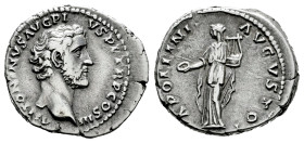 Antoninus Pius. Denarius. 140-143 AD. Rome. (Ric-63b). (Seaby-59). Rev.: APOLLINI AVGVSTO. Apollo standing to left, holding patera and lyre. Ag. 3,28 ...