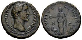 Antoninus Pius. Unit. 148-149 AD. Rome. (Spink-4307 var). (Ric-861). Rev.: MVNIFICENTIA. Lion at your feet. S-C across fields. Ae. 13,78 g. Almost VF....