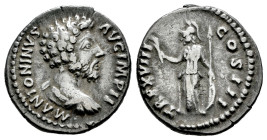 Marcus Aurelius. Denarius. 163-164 AD. Rome. (Ric-103). Rev.: TR P XVIII COS III. Minerva standing left, holding branch and sceptre, and resting hand ...