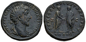 Marcus Aurelius. Sestertius. 161-162 AD. Rome. (Spink-4962). (Ric-769). Rev.: CONCORD AVGVSTOR TR P XV, Marcus Aurelius and Lucius Verus, togate, stan...