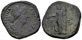Faustina Junior. Sestertius. 162 AD. Rome. (Ric-1646). Anv.: FAVSTINA AVGVSTA, diademed and draped bust right. Rev.: IVNO, Juno standing left, holding...