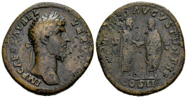 Lucius Verus. Sestertius. 161 AD. Rome. (Spink-4962). (Ric-796). Rev.: (CONCOR)D AVGVSTOR TR P XV. S - C across fields, COS II in exergue. Ae. 22,10 g...