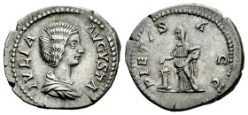 Julia Domna. Denarius. 196-211 AD. Rome. (Ric-572). (Seaby-150). Rev.: PIETAS A(V)GG, Pietas standing left, holding incense box and sprinkling incense...
