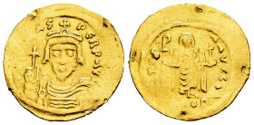 Phocas. Solidus. 607-610 AD. Constantinople. (MIBE-9). (Doc-10j). (Sear-620). Anv.: ∂ N (FOC)AS PЄRP AVC. draped and cuirassed bust facing, wearing cr...