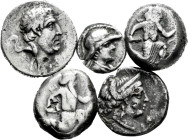 Lot of 5 coins from Ancient Greece. Containing different values from Cappadocia, Massalia (Fourrée), Bactria and Achaemenid empire. Ag. TO EXAMINE. Ch...