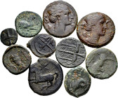 Lot of 10 coins from Ancient Greece. All different bronzes from Macedon and Syracuse. Includes some rare. Ae. TO EXAMINE. Almost F/Almost VF. Est...20...