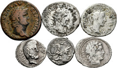 Lot of 6 coins of the Roman Republic and Empire. Different values, mints, families and Emperors. Interesting lot. Ae/Ag. TO EXAMINE. Almost F/VF. Est....