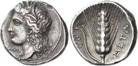 Lucania, Metapontum
Nomos circa 330-290, AR 7.69 g. Head of Demeter l., wearing barley wreath, triple pendant earring and pearl necklace; below chin,...