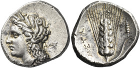 Lucania, Metapontum
Nomos circa 290-280, AR 7.91 g. Head of Demeter l., wearing barley wreath; behind, ΛΥ. Rev. META Ear of barley with leaf to r., u...