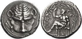 Bruttium, Rhegium
Tetradrachm circa 435-425, AR 17.30 g. Lion's mask facing; in l. field, olive twig. Rev. RECINOΣ retrograde Apollo Iocastus seated ...