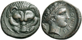 Bruttium, Rhegium
Bronze circa 415-387, Æ 5.41 g. Facing head of lion. Rev. PHΓINON Laureate head of Apollo r.; in l. field, olive leaf and retrograd...