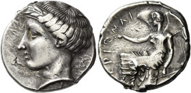 Terina
Nomos circa 440-425, AR 7.86 g. Head of the nymph Terina l., hair tightly waved, ampyx decorated with olive-leaves; in r. field, Δ. Rev. [TE]P...
