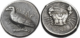 Sicily, Agrigentum
Tetradrachm circa 470-440, AR 17.22 g. AKRAC – ANTOΣ partially retrograde Eagle standing l. on Ionic capital. Rev. Crab; below, do...