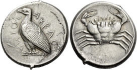 Sicily, Agrigentum
Tetradrachm circa 470-440, AR 17.46 g. AKRAC – ANTOΣ partially retrograde Eagle standing l., with closed wings. Rev. Crab. SNG ANS...