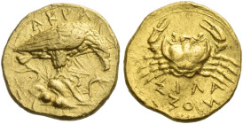 Sicily, Agrigentum
Diobol circa 410-406, AV 1.36 g. AKPA Eagle standing r. on rock devouring serpent. On rock, two pellets. Rev. Crab; below, ΣIΛA / ...