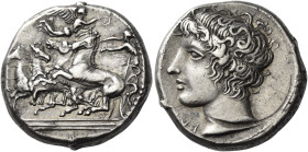 Catana
Tetradrachm circa 405, AR 17.30 g. Fast quadriga driven l. by charioteer, holding reins in both hands; above, Nike flying r. to crown him. In ...