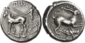 Messana
Tetradrachm circa 420-413, AR 17.04 g. ΜΕΣΣΑN – [A] Biga of mules driven l. by charioteer, holding reins and kentron; in exergue, two dolphin...