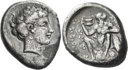 Naxos
Tetradrachm circa 410-405, AR 16.75 g. [ΝΑΞΙΩΝ] Wreathed head of Dionysus r. Rev. Nude and bearded Silenus seated l. on wine skin, head l., hol...
