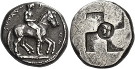 Syracuse
Didrachm circa 510-490, AR 8.45 g. SVRA[?]O – SI – ON Horse rider advancing r., holding a second horse, by the reins, on the far side of him...