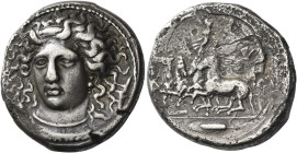 Syracuse
Tetradrachm signed by Kimon circa 413-399, AR 16.52 g. Head of Arethusa facing slightly to l., wearing earring, necklace and ampyx inscribed...