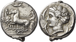 Syracuse
Tetradrachm unsigned work of Parmenides circa 405, AR 17.34 g. Fast quadriga driven l. by charioteer pulling back the reins with both hands ...