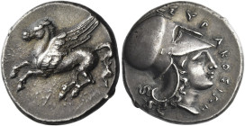 Syracuse
Corinthian stater, 344-337, AR 8.57 g. Pegasus flying l. Rev. ΣΥΡΑΚΟΣΙΩN Head of Athena r., wearing Corinthian helmet. SNG Lloyd 1442. SNG O...