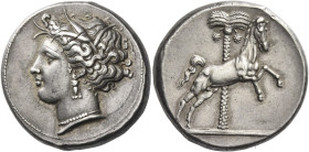 The Carthaginians in Sicily
Tetradrachm, uncertain mint in Sicily "people of the camp" circa 330-320, AR 17.14 g. Head of Tanit (Kore-Persephone) l.,...