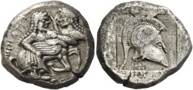 Thraco-Macedonian tribes, The Orrescii
Stater late sixth-early fifth century BC, AR 9.35 g. Centaur r., abducting nymph. Rev. Crested Corinthian helm...