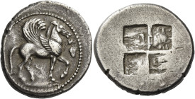 Argilus
Stater circa 478-470, AR 13.48 g. Pegasus, with curled wing, walking r., raising his l. foreleg; in r. field, bunch of grapes. Rev. Irregular...