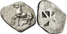 Mende
Tetrobol circa 510-480, AR 2.65 g. Mule advancing l. Rev. Incuse square divided in eight triangles, some of which are in relief. AMNG III, 2. S...
