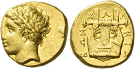 Olynthus, the Chalcidian League
Stater circa 365-360, AV 8.55 g. Laureate head of Apollo l. Rev. X – A – Λ – KIΔ – EΩN Cithara. SNG ANS 468 var. (hea...