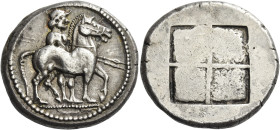 Kingdom of Macedonia, Alexander I, 498 – 454
Octodrachm circa 492-480/479, AR 28.10 g. Horseman, wearing a petasos and carrying two spears, standing ...