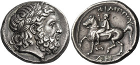 Philip II, 359-336 and posthumous issues
Tetradrachm, Amphipolis circa 356-355, AR 14.42 g. Laureate head of Zeus r. Rev. ΦIΛIΠΠOY Horseman galloping...