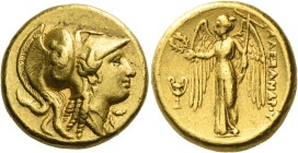Alexander III, 336 – 323 and posthumous issues
Distater, Amphipolis circa 330-320, AV 17.19 g. Head of Athena r., wearing necklace and Corinthian hel...