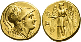 Alexander III, 336 – 323 and posthumous issues
Stater, Miletus circa 325-323, AV 8.59 g. Head of Athena r., wearing triple-crested Corinthian helmet;...