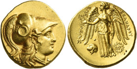 Alexander III, 336 – 323 and posthumous issues
Stater under Antigonus I as strategos of Asia, Babylon circa 320-305, AV 8.61 g. Head of Athena r., we...